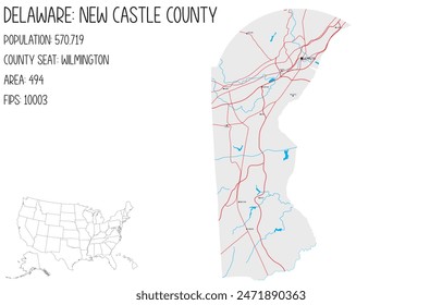 Large and detailed map of New Castle County in Delaware, USA.