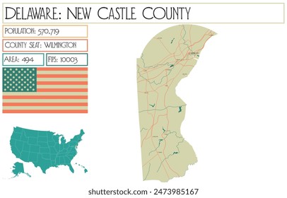 Large and detailed map of New Castle County in Delaware USA.