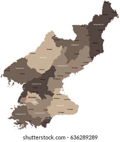 Large and detailed map of North Korea with regions and main cities.