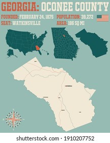 Große und detaillierte Karte des Bezirks Oconee in Georgia, USA.