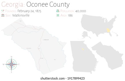 Large and detailed map of Oconee county in Georgia, USA.