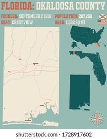 Large And Detailed Map Of Okaloosa County In Florida, USA.