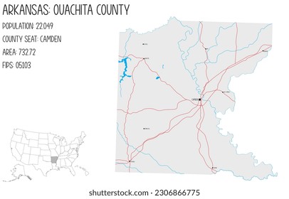 Large and detailed map of Ouachita County in Arkansas, USA.