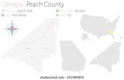 Large And Detailed Map Of Peach County In Georgia, USA.