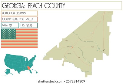 Large and detailed map of Peach County in Georgia USA.