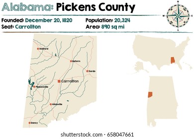 Large and detailed map of Pickens County in Alabama.