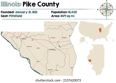 Large and detailed map of Pike county in Illinois, USA.