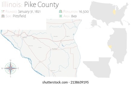 Large and detailed map of Pike county in Illinois, USA.