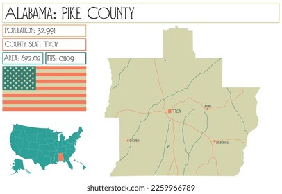Large and detailed map of Pike county in Alabama, USA.
