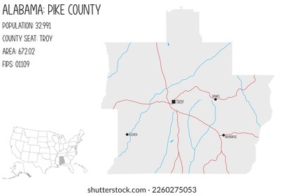 Large and detailed map of Pike county in Alabama, USA.