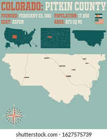 Large And Detailed Map Of Pitkin County In Colorado, USA.