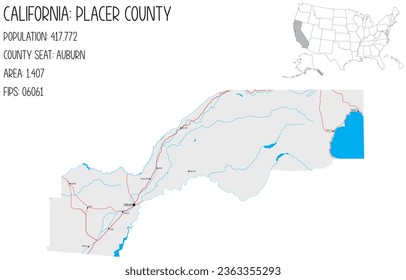 Large and detailed map of Placer County in California, USA.