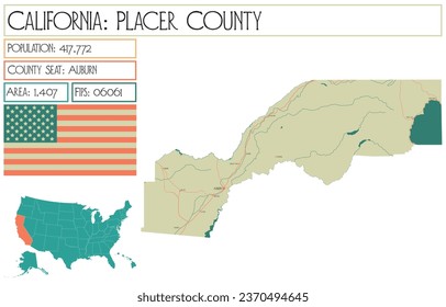 Large and detailed map of Placer County in California, USA.