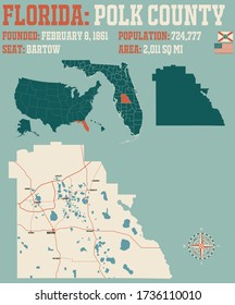 Large and detailed map of Polk county in Florida, USA.