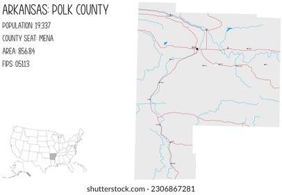 Large and detailed map of Polk County in Arkansas, USA.