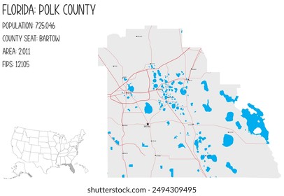 Large and detailed map of Polk County in Florida, USA.