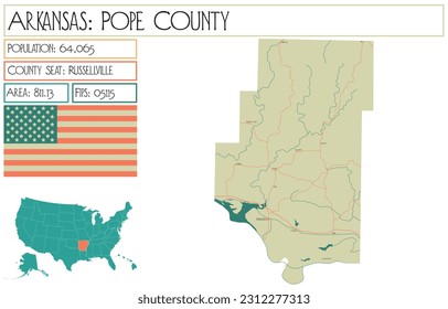 Large and detailed map of Pope County in Arkansas, USA.