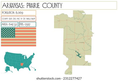 Large and detailed map of Prairie County in Arkansas, USA.