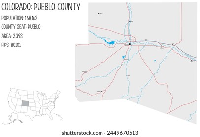 Large and detailed map of Pueblo County in Colorado, USA.