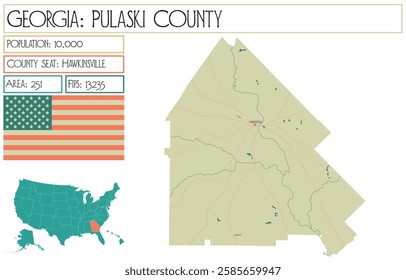 Large and detailed map of Pulaski County in Georgia USA.