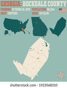 Large and detailed map of Rockdale county in Georgia, USA.