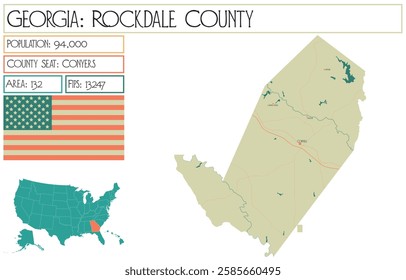 Large and detailed map of Rockdale County in Georgia USA.