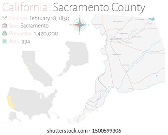 Large and detailed map of Sacramento county in California, USA.