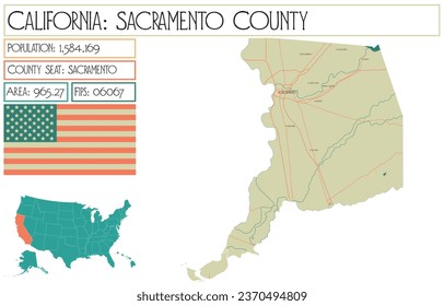 Large and detailed map of Sacramento County in California, USA.