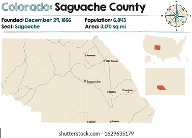 Large and detailed map of Saguache county in Colorado, USA.