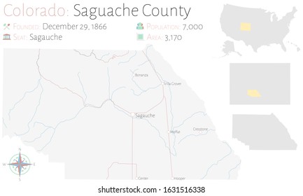 Large and detailed map of Saguache county in Colorado, USA.