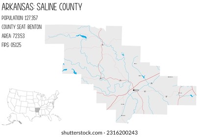 Large and detailed map of Saline County in Arkansas, USA.