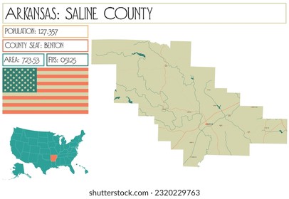 Large and detailed map of Saline County in Arkansas, USA.