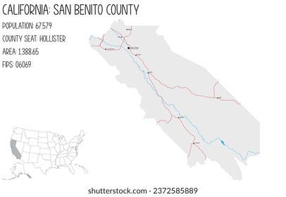 Large and detailed map of San Benito County in California, USA.