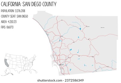 Large and detailed map of San Diego County in California, USA.