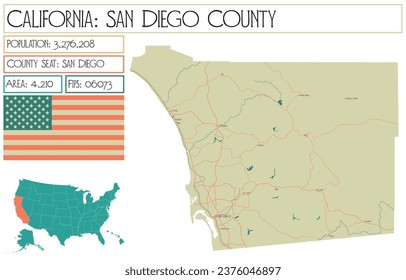 Large and detailed map of San Diego County in California, USA.