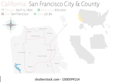 Large and detailed map of San Francisco city and county in California, USA.