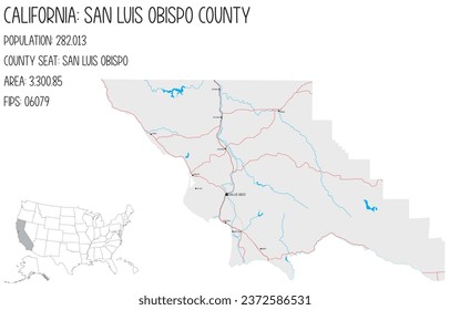 Large and detailed map of San Luis Obispo County in California, USA.