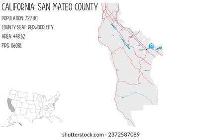 Large and detailed map of San Mateo County in California, USA.