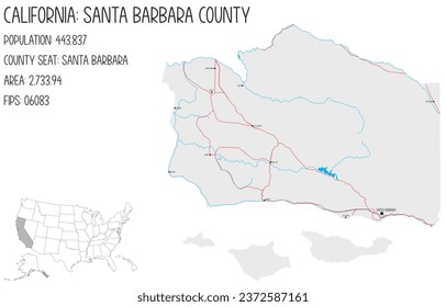 Large and detailed map of Santa Barbara County in California, USA.