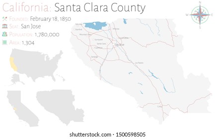 Large and detailed map of Santa Clara county in California, USA