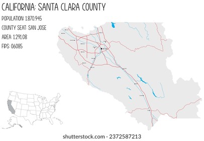 Large and detailed map of Santa Clara County in California, USA.