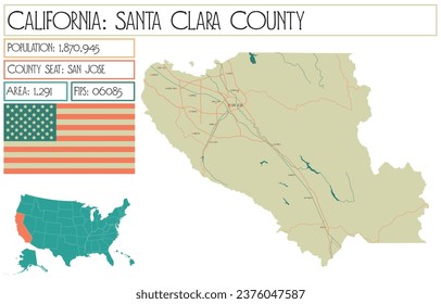 Large and detailed map of Santa Clara County in California, USA.