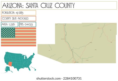 Large and detailed map of Santa Cruz County in Arizona, USA.