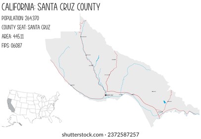 Large and detailed map of Santa Cruz County in California, USA.