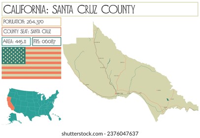 Large and detailed map of Santa Cruz County in California, USA.