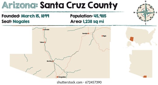 Large and detailed map of Santa Cruz county in Arizona