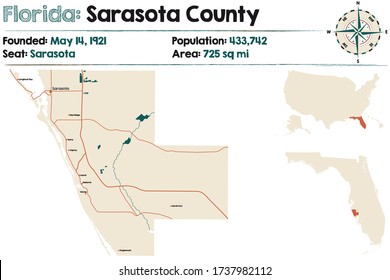 Large and detailed map of Sarasota county in Florida, USA.