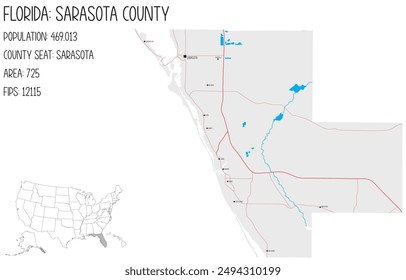 Große und detaillierte Landkarte von Sarasota County in Florida, USA.