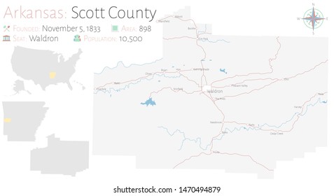 Large and detailed map of Scott county in Arkansas, USA.