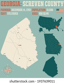 Large and detailed map of Screven county in Georgia, USA.